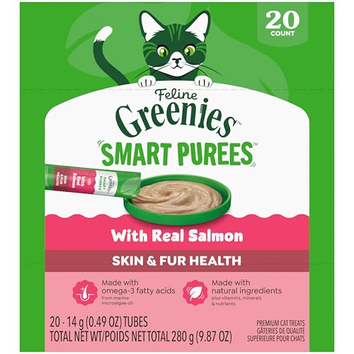 Greenies Feline Smart Purees Skin & Fur Health Lickable Cat Treats with Real Salmon 0.49 oz. Tubes 20 Count