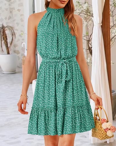 Image of BTFBM Women Halter Neck Summer Dresses 2025 Spring Casual Sleeveless Floral Polka Dot Ruffle Mini Boho Beach Sun Dress