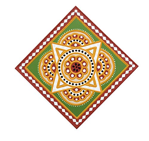Image of Ethnics of Kutch Traditional Kutch Handicraft Mud-Mirrorwork Lippan Kam Wall Art (Water and Break Resistant) - Square (12 inch x 12 inch) - (Green - LKT-0201)
