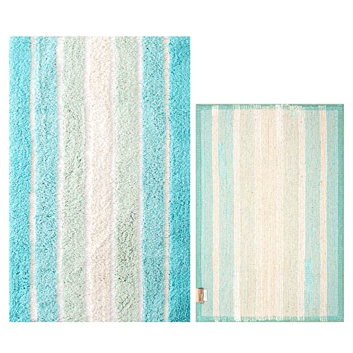 Bathroom Rugs Set 2 Piece Aqua Turquoise Alpine Stripe Reversible Cotton Bath Mats for Bathroom Floor |Quick Dry Bath Mat for Tub Spa Shower|Living Room Entry Way Door Mats |21x32 & 17x24 Inches