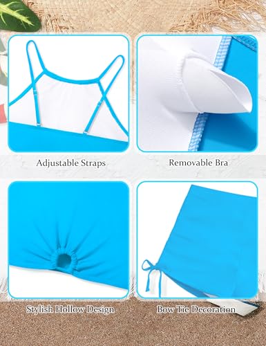 Image of BAVADER Girls Swimsuit 2 Pcs Solid Color Cutout Tankini with Shorts Drawstring Bathing Suit for Girls Swimwear 7-14Y