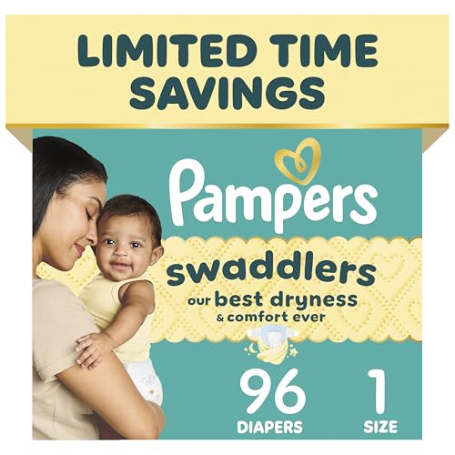 Pampers Swaddlers Diapers, Size 1 (8-14 lbs), 96 Count, Absorbent, Keeps Baby Dry and Comfortable, Skin Safe Disposable Baby Diaper (Packaging May Vary)