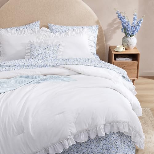 King Comforter Set - 7 Pieces Ruffle White Bedding Sets, Shabby Chic Farmhouse Bed in a Bag King with Ruffle Comforter, Floral Sheets, Pillowcases & Shams