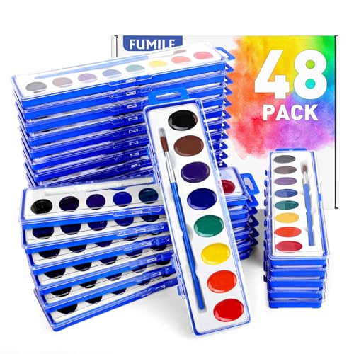 FUMILE 48 Pack Watercolor Paint Set for Kids 8 Colors Washable Water Color Paint with Paintbrush Watercolor Paint for Easter Basket Stuffers Party Favor Classroom Prizes Exchange Gifts