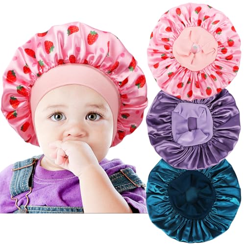 Image of 3 PCS Satin Baby Bonnets for Curly Hair,Baby Silk Bonnet for Sleeping for Girls Boys