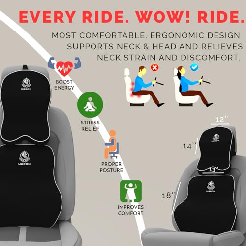 Image of MRRON Orthopedic Memory Foam Lumbar Backrest & Neck Rest Cushion for Car Seat - Ergonomic Car Back & Neck Support Pillow Combo - Pain Relief for Long Drives, Sciatica, Posture (Black, Long Back)