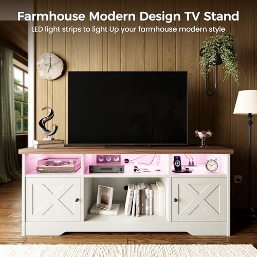 Casaottima TV Stand for 65 Inch TV, Farmhouse Entertainment Center with Power Outlet & LED Light and Storage Cabinets, Console Table and Media Furniture for Living Room Bedroom, White - Image 3