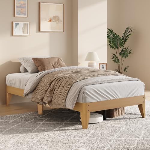 Garvee Twin XL Size Wood Platform Bed Frame Solid Wooden Legs and Wooden Slats Support Sturdy Metal Central Structure No Box Spring Needed Easy Assembly Natural Wood