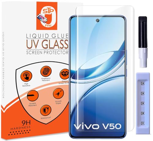 Image of STP FEEL UV Premium Tempered Glass Screen Protector Guard For Vivo V50 5G / Vivo V50e 5G (6.77 Inch, Pack of 1) Full Adhesive UV Curved Case Friendly HD Clarity with easy installation kit