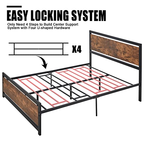 Amerlife Queen Size Bed Frame with Wood Headboard Metal Platform Bed