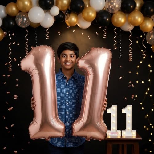 Image of Balloonistics Rose Gold 40-Inch Foil Number 11 Balloon with Matching LED Marquee Light - Combo Set for 11th Birthday, Anniversary, Party Decoration, Photo Booth Backdrop, Cake Table Decor