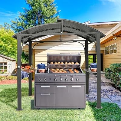 8x5 Grill Gazebo, Outdoor BBQ Gazebo with Double Galvanized Steel Roof, Barbeque Hardtop Grill Gazebo with 2 Side Shelves and Bottle Opener, Metal Grilling Gazebo for Patio, Garden, Backyard (Grey)