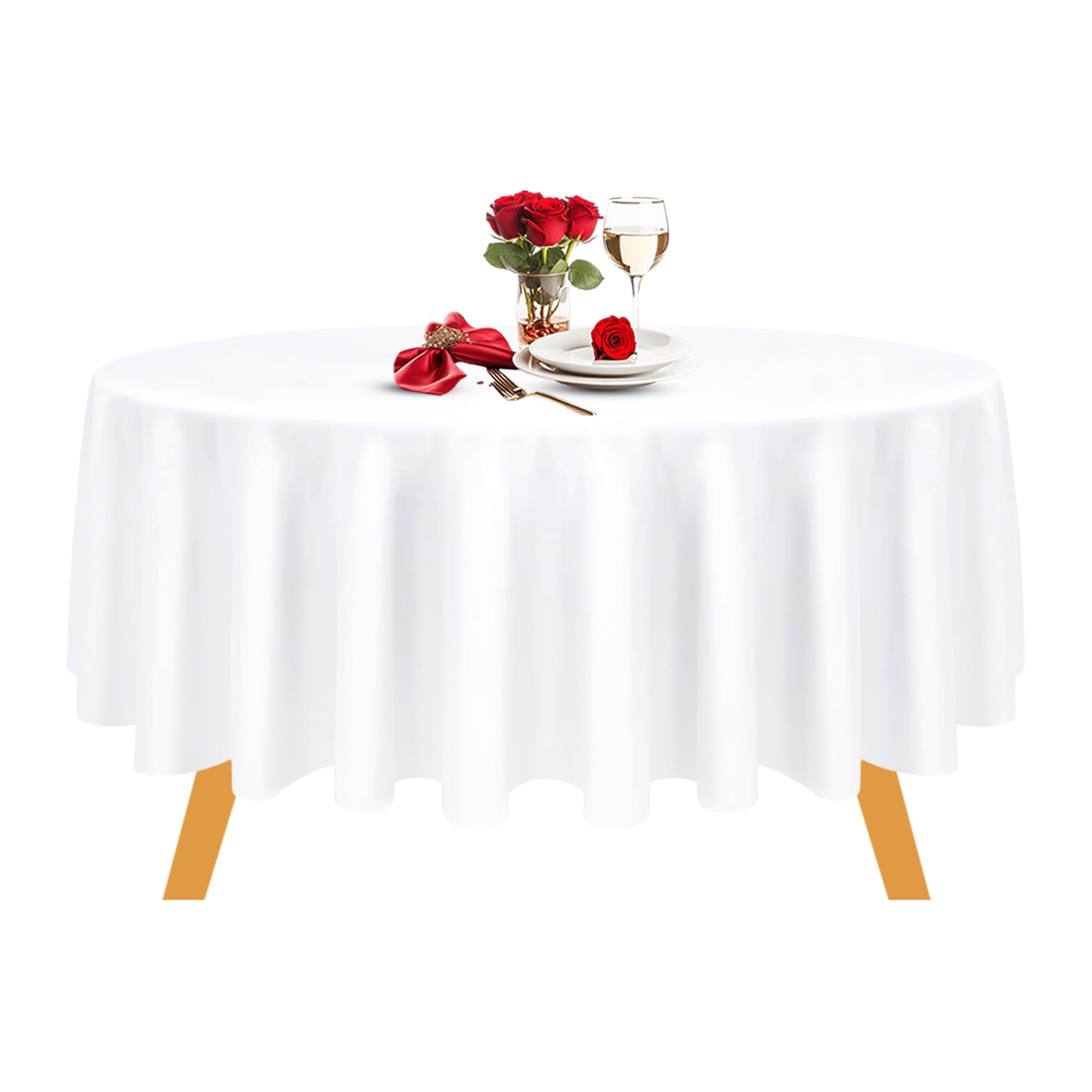 WedDecor 132" Round Tablecloth, White Premium Linen Table Cover, Washable Polyester Fabric Table Cloth for Parties, Weddings, Banquets, Dining Table Decoration, 5pcs