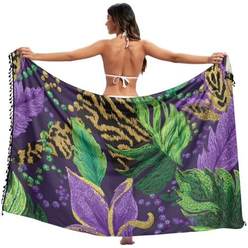 Cubierta para traje de baño con estampado botánico dorado y morado de moda