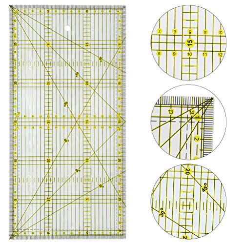 ATPWONZ Quilting Ruler, 6\" x 12\" Laser Cut Acrylic Quilters\' Ruler with Adhesive Non-Slip Grips, Patented Double Colored Grid Lines for Easy Precision Cutting, Ruler for Quilting, Sewing & Crafts