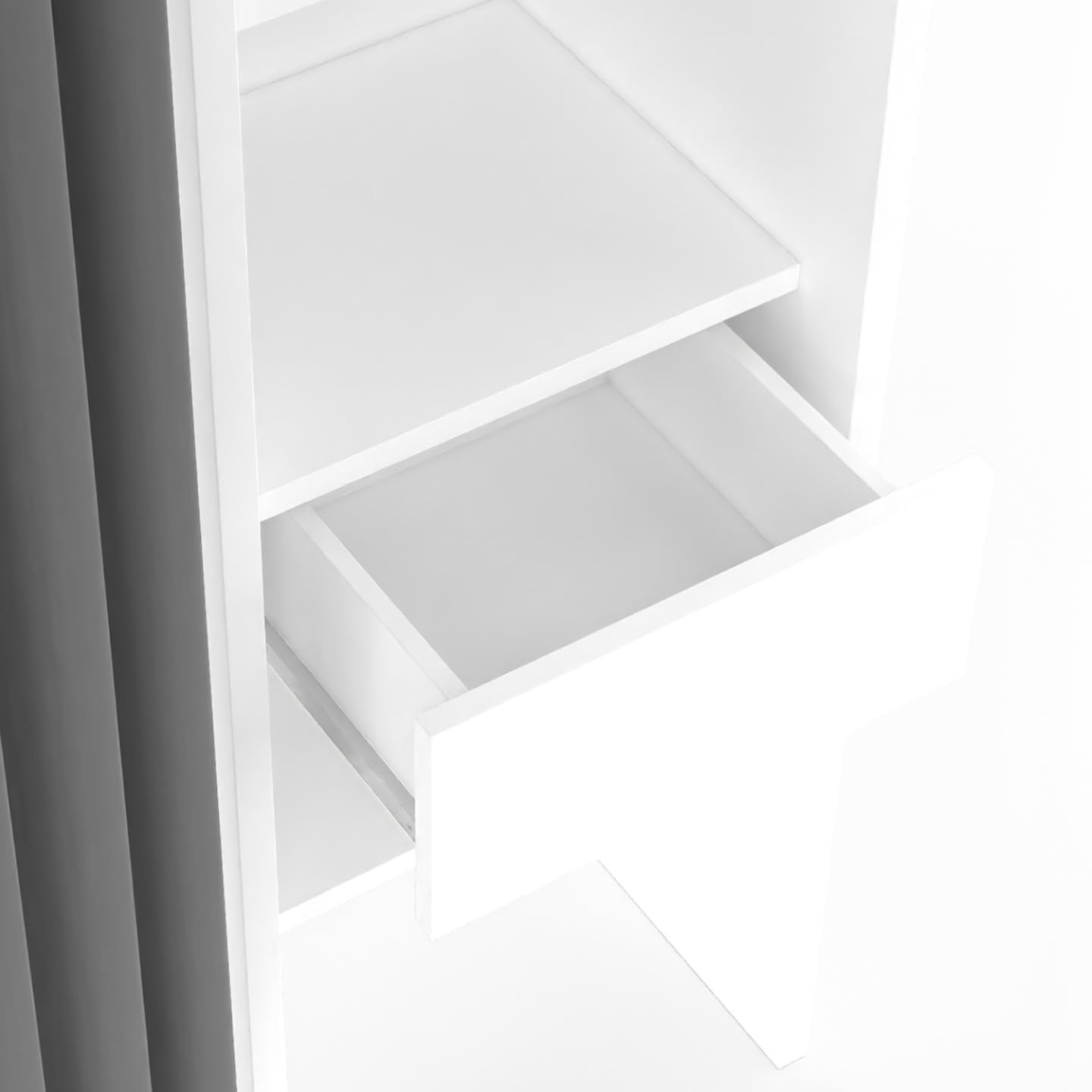 IDMarket - Dressing extensible double MERYL 120/180 x 50 x 180 cm blanc avec étagères + double penderie + rideau gris