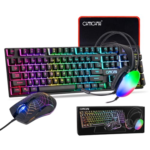 Gaming Keyboard Mouse Mousepad and Headset with mic Combo All in One USB Wired RGB Backlit Rainbow...