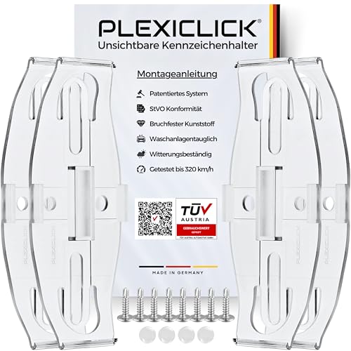 PLEXICLICK® Kennzeichenhalter 4X - TÜV Zertifiziert - Kennzeichenhalter Rahmenlos Transparent - Nummernschildhalterung Auto - Kennzeichenhalterung - Nummernschildhalter - Kfz Kennzeichen Halterung