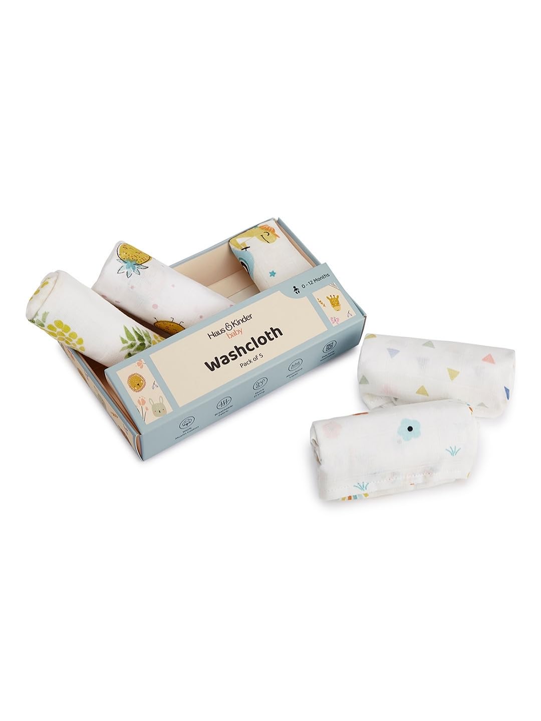 Haus 7 Kinder Baby Wash Cloths - Pack of 5 | Muslin Cotton, 30x30cm, Jungle Party Collection – Soft, Absorbent, Quick-Dry, Reusable Washcloths for Newborns & Infants (0–12 Months)-image-28