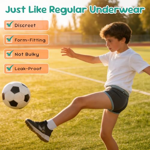 Image of Carer Washable Cotton Front Absorbent Briefs for Boys, 3-Pack Reusable Breathable Leak-Proof Kids Regular Underwear for Light Daytime Incontinence (Multi-Colored, Size 14)