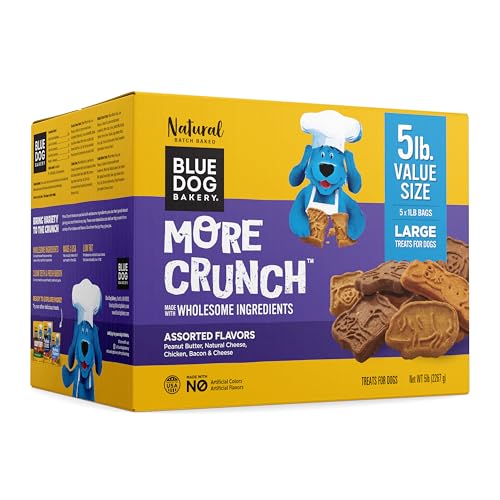 Blue Dog Bakery More Crunch Assorted Flavors, Dog Biscuits, Healthy Treats, All Natural, Bacon, Chicken, Cheese, Peanut Butter, 5 lb (Pack of 1)
