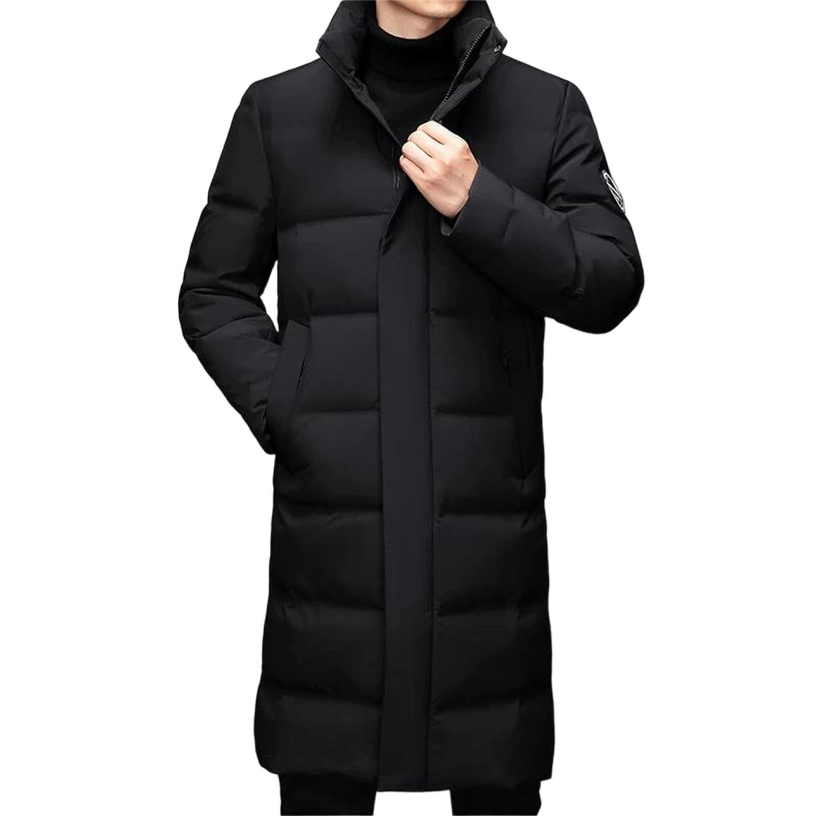 Men Winter Stand Collar Down Jacket Long Thick Duck Down Coat Trendy Lightweight Warm Puffer Outerwear
