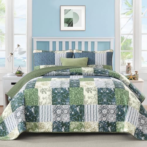 Drucon Green Patchwork Queen Quilt Set, Spring Summer Bedspreads Bedding