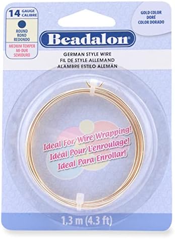 Beadalon German Style Wire for Jewelry Making, Round, Gold Color, 14 Gauge, 4.3 ft