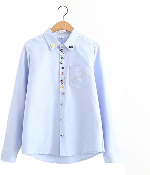 Amazon Co Jp ボタンシャツ レディース ブラウス 長袖 シャツ 超かわいい トップス 刺繍 ブラウス 学生 通学 春夏 襟付け 女の子 ｔ シャツ 眼鏡 ブルー ファッション