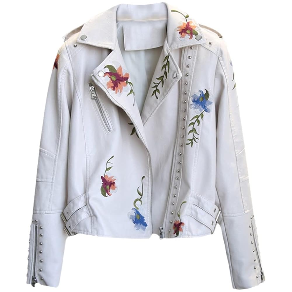 Jegsnoe Spring Autumn Faux Leather Jacket Women Floral