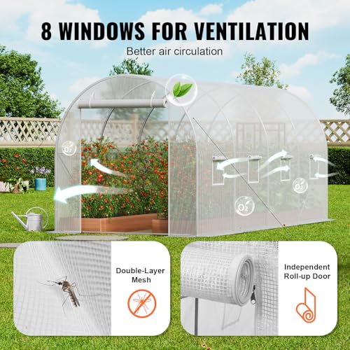 Image of VEVOR Walk-in Tunnel Greenhouse, 14.6x6.4x6.3 ft Hoop House Greenhouse Tunnel, Plant Hot House with Galvanized Steel Frame, White PE Cover, Roll-up Zipper Door and 8 Windows for Outdoor