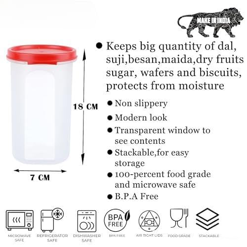 Image of SIMPARTE Smart Slim Storage Air-Tight Plastic Round Modular Container - for Juice, Dry Fruits - Stackable, BPA Free, Food Grade (585 ML, Red, Set of 8)