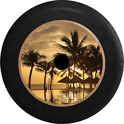 JL Series Spare Tire Cover Backup Camera Hole Full Color Tropical Sunset Palm Trees Tiki Huts Sandy Beach Infinity Pool to Black 32 in