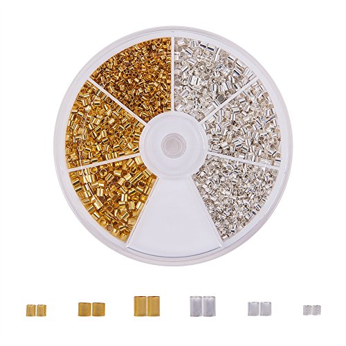 PandaHall Elite 3000 Pcs 3 Sizes 2 Colors Brass Tube Crimp Beads Cord End Caps Diameter 1.5mm 2mm 2.5mm for Bracelet Necklace NJewelry Making Silver Gold