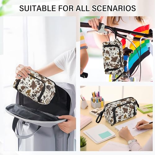 Image of Portable Pencil Case Pen Bag with Zipper, Cow Print Skin Brown Large Pencil Pouch Pen Case Stationery Bag for Office School Student, Multifunctional Pen Box for Girl Boy Men Women