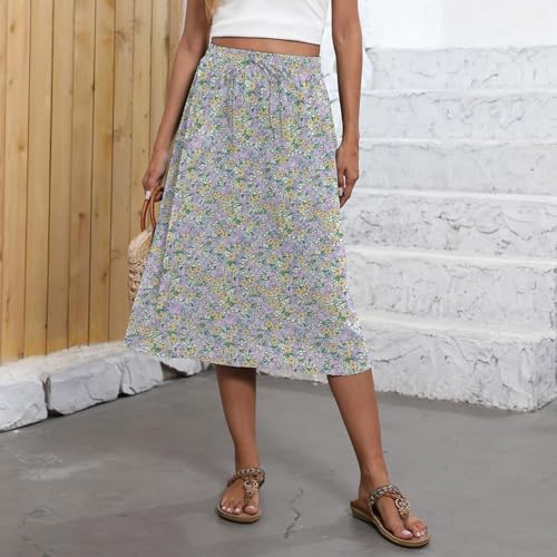 Floral Skirts for Women Trendy Drawstring High Waisted Flowy Boho Midi Skirts Y2k Pleated a Line Skirt with Pockets4