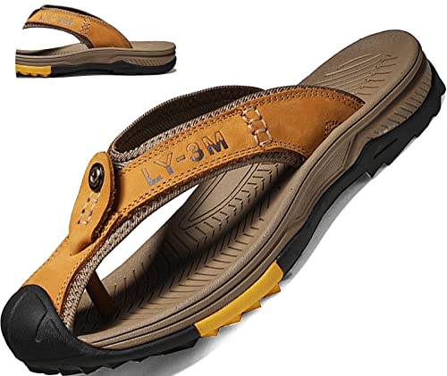 GILKUO Mules Hommes Cuir Tongs Claquette Sabots Sandales Fermé Pantoufles Été Jaune Marron Taille 42 Cover