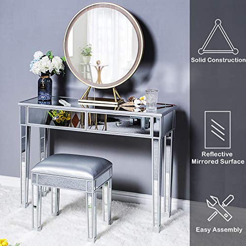 Image of VINGLI Mirrored Vanity Stool with Storage, Faux Leather Ottoman, Makeup Dressing Table Bench, Silver