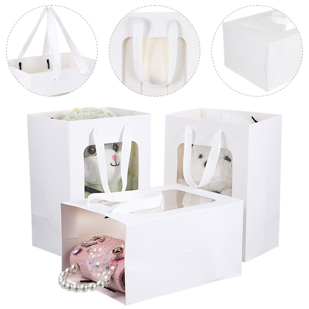 HOOWIFFY 25 Sacchetti Regalo Finestra Trasparente e Manici Chiari, Sacchetti per Dolcetti e Bomboniere, per Feste, Matrimoni e Confezionamento Regali, Formato Piccolo Resistente