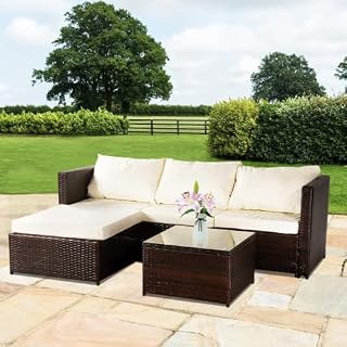 GARDENEO Rattan Corner Sofa Set Outdoor Corner Chair Patio Garden Furniture Set With Rain Cover (Brown +Light Cushions) (Brown +Light Cushions)