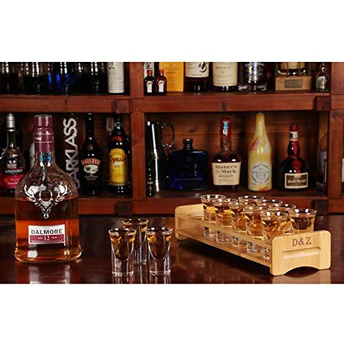 D&Z Shot Glass Holder Set With 12 Thick Base Crystal Clear Shot Glasses, Bamboo Wooden Shot Rack/Tray For Tequila Whiskey Vodka Cocktail, Ideal Liquor Set For Party, Bar, Nightclub [ 1 Oz Each Glass ] #TOP3
