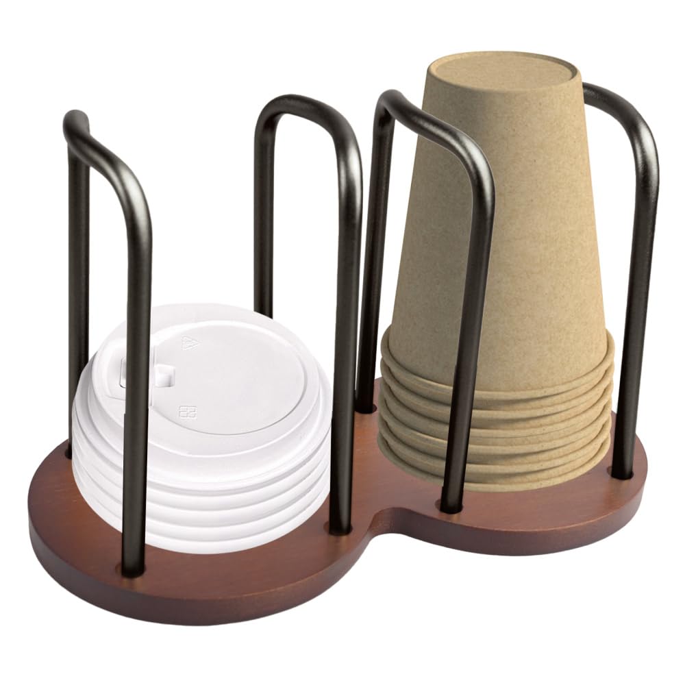 BDKMMS Paper Cup Dispenser and Lid Organizer, Double Compartment Disposable Cups & Lids Holder with Wooden Base for 3.23Inch Small Cups
