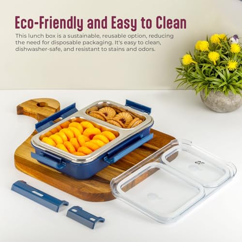 Image of 2 Compartment Lunch Box with Stainless Steel Inner & Plastic Outer Body | BPA Free Leak Proof Tiffin Box with Lock Mechanism | Dishwasher & Freezer Safe for Kids & Adult Office School Use