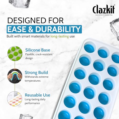 Image of Clazkit Silicone Ice Cube Tray with Lid (2 Pack, 21 Cavities Each) | Easy Pop-Out Round Ice Mold | BPA Free Flexible Ice Tray | Stackable Ice Cube Maker for Freezer, Whiskey, Cocktails, Juice