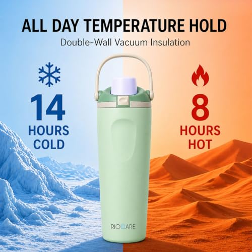 Image of Rioware 900ml Vacuum Insulated Stainless Steel Tumbler with Flip Cap | 304 Grade Steel | 8 Hrs Hot & 14 Hrs Cold | Leakproof Travel Coffee Mug | Large Capacity Water Bottle with Handle | BPA Free