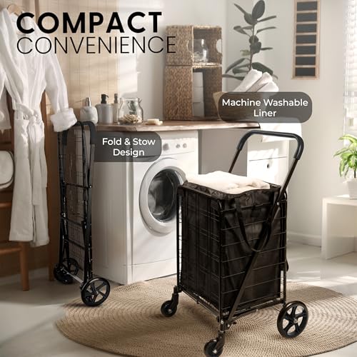 Image of SereneLife Folding Shopping Cart, Heavy Duty, Portable Grocery Trolley
