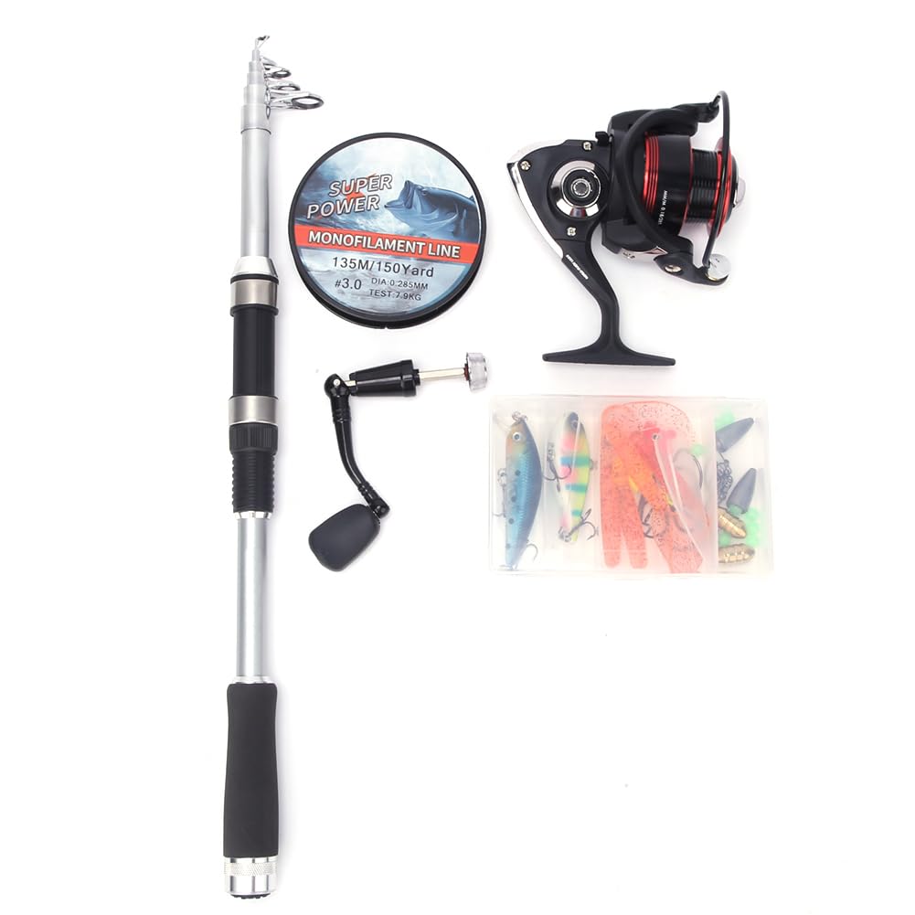 Karlak Kit Combinato Mulinello da Pesca Compatto Canna da Pesca Telescopica con Accessori per la All'aperto Facile Trasportare Lunghezza 1,8 M