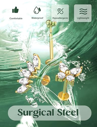 ORAZIO Push in Stud Earrings, 20G 18G Flat Back Earrings,Hypoallergenic Threadless Stud Multi-Pack, 14K Gold Plated 316L Surgical Steel Earring Sets, Push-in Cartilage Helix Tragus Nose Piercing Jewelry for Women3