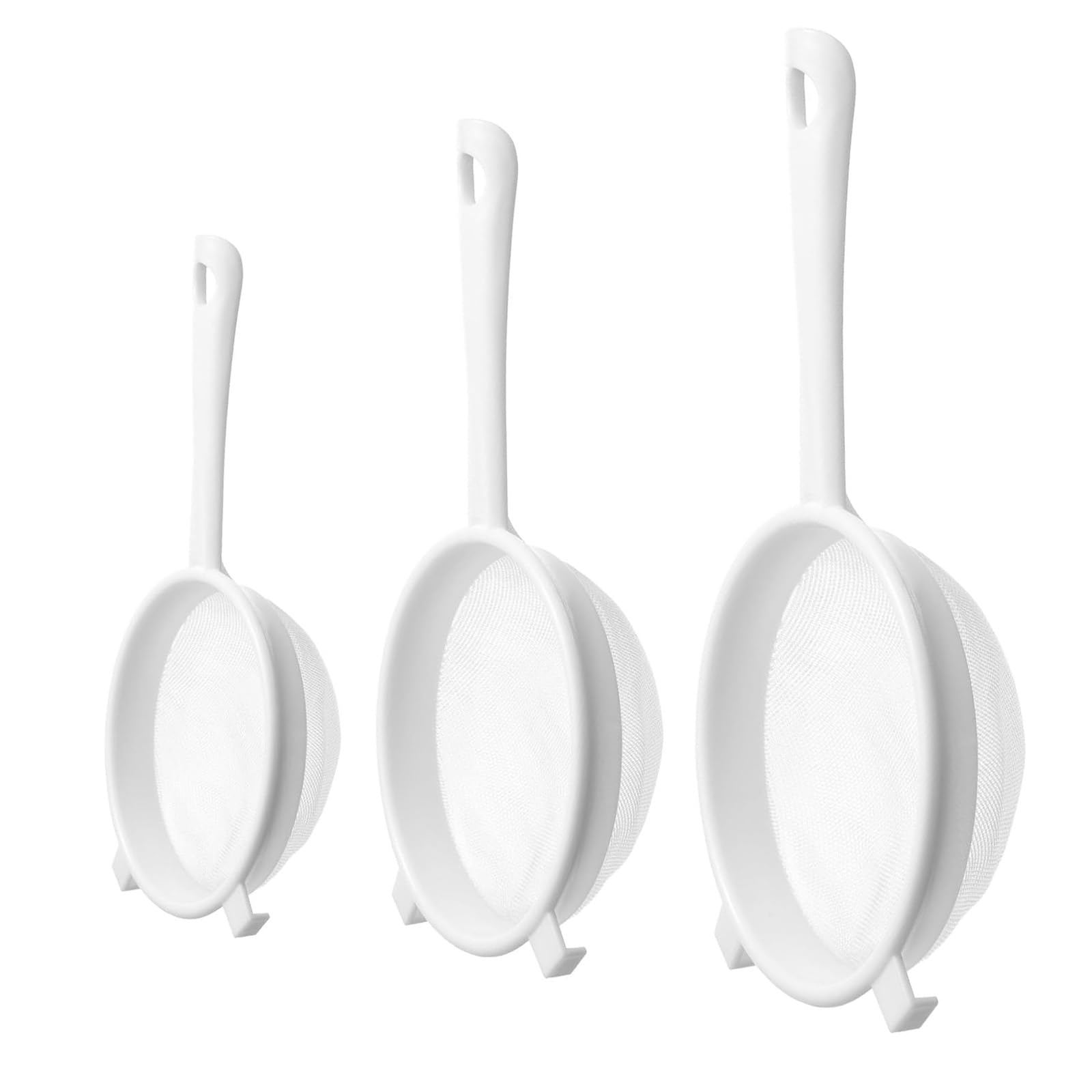 3-Piece Plastic Sieve Set, Mesh Strainer with Handle Nylon Mesh Strainers,White Kitchen Colander and Plastic Strainer Spoon for Scooping Noodles Dumplings Vegetables Small Food Sifter