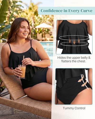 Image of Bathing Suits for Women High Waisted Swimsuits Tummy Control Two Piece Tankini Ruffled Top with Swim Bottom Bathing Suits